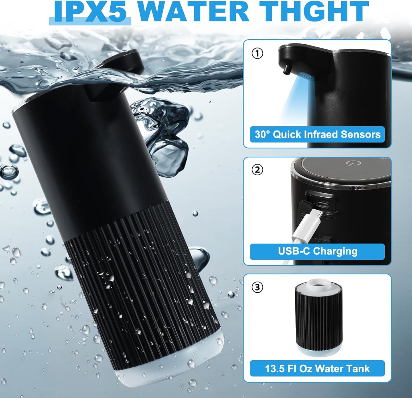 Automatic Foaming Soap Dispenser, 2 Pack Black Touchless Foam Hand Soap Dispenser Bathroom, 13.5 Fl Oz Plastic Electric Auto Foaming Dish Soap Dispensers Wall Mount for Kitchen