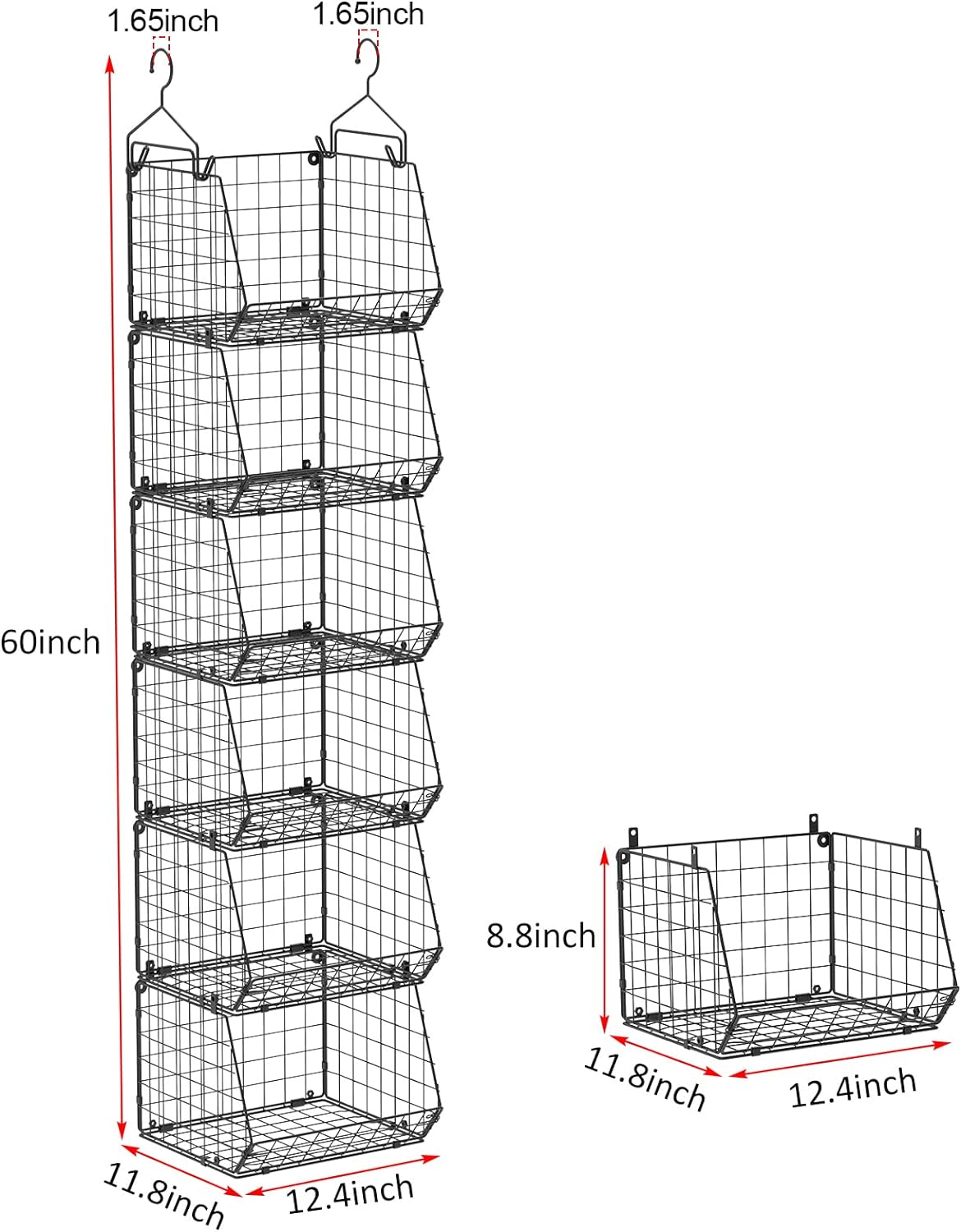 6 Tier Closet Hanging Organizer, Clothes Hanging Shelves with 4 Hanging Hooks 5 S Hooks, Wire Storage Basket Bins, for Clothing Sweaters Shoes Handbags Clutches Accessories Patent Design-Black