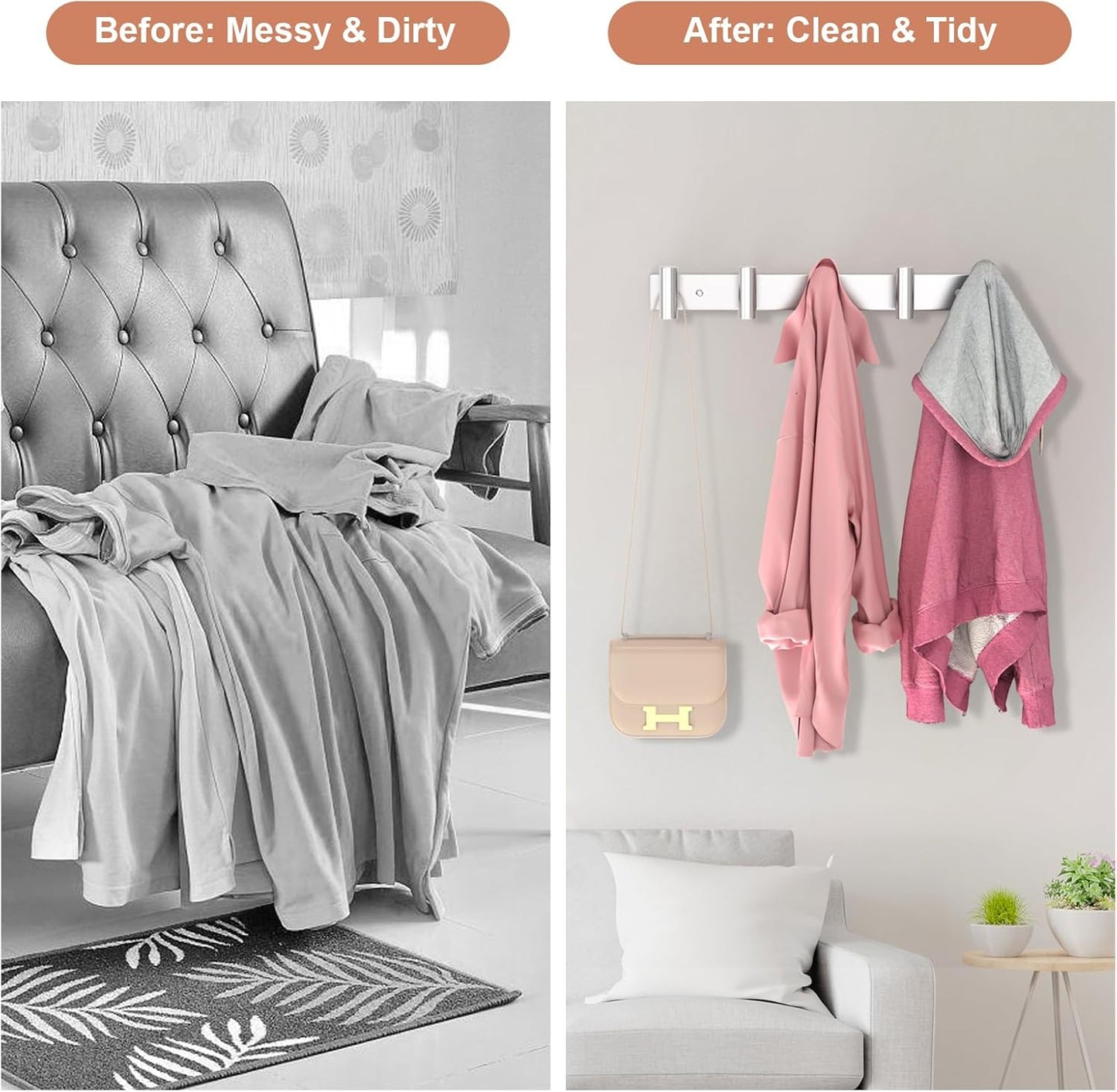 PMMASTO Coat Rack Wall Mounted, 5 "T Shaped Wall Hooks for Hanging, Heavy Duty Stainless Steel Coat Hook Rail for Hat Towel Robes in Bathroom Kitchen Mudroom Entryway (Silver, 2 Pack)