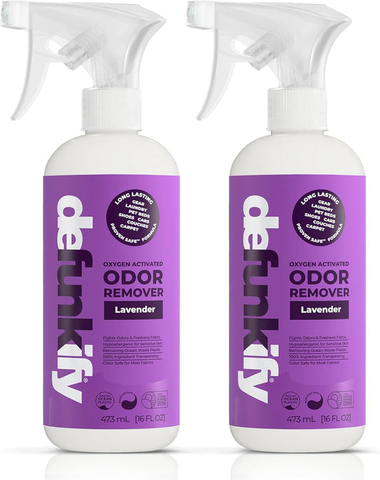 Odor Remover Spray, 16oz (2-Pack). 'Lavender' Essential Oil Odor Eliminator for Strong Odors on Fabric, Shoes, Activewear. 'ProvenSafe' Deodorizer for Pets, Kids & Sensitive Gear w/Ionic Silver