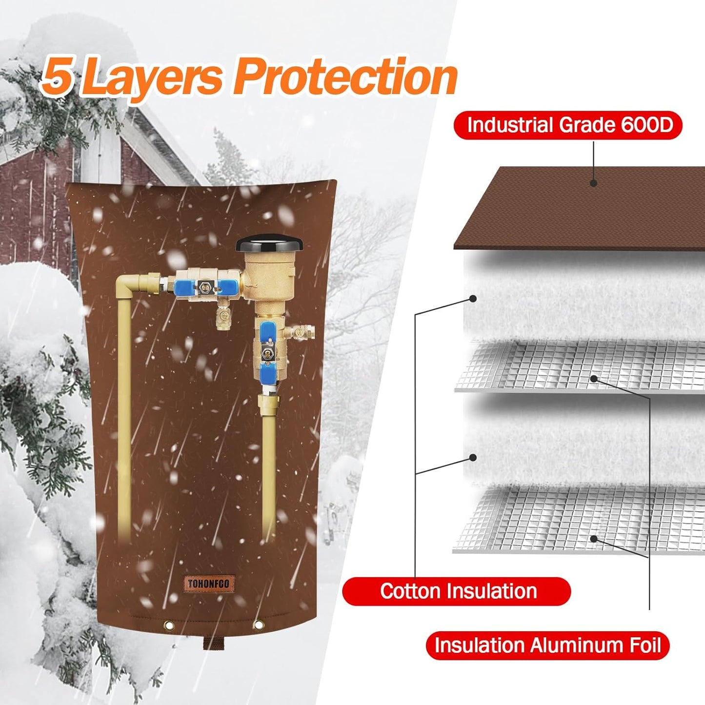 TOHONFOO Backflow Preventer Pipe Insulation Cover (5°F) - Irrigation Sprinkler Valve Insulated Pouch - Water Well Pump Cover - Sturdy 5 Layers for Winter Freeze Protection, 14" W x 26" H, Brown