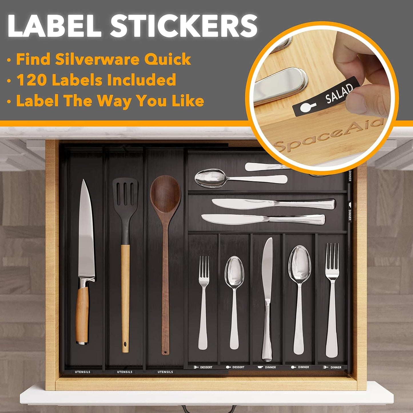SpaceAid Bamboo Silverware Drawer Organizer with Labels, Kitchen Utensil Expandable Tray Holder Organizer for Flatware, Cutlery, Spoon and Knives Drawer Storage Organization (Black, 10 Slots)