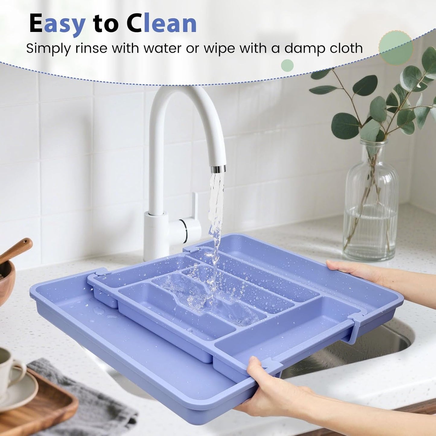 Caperci Large Silverware Organizer for Kitchen Drawer & Utensils - Expandable Drawer Organizer for Cutlery, Flatware & Gadget, BPA-Free Thick Plastic, Wider Compartments & Non-skid Feet (Breezy Blue)