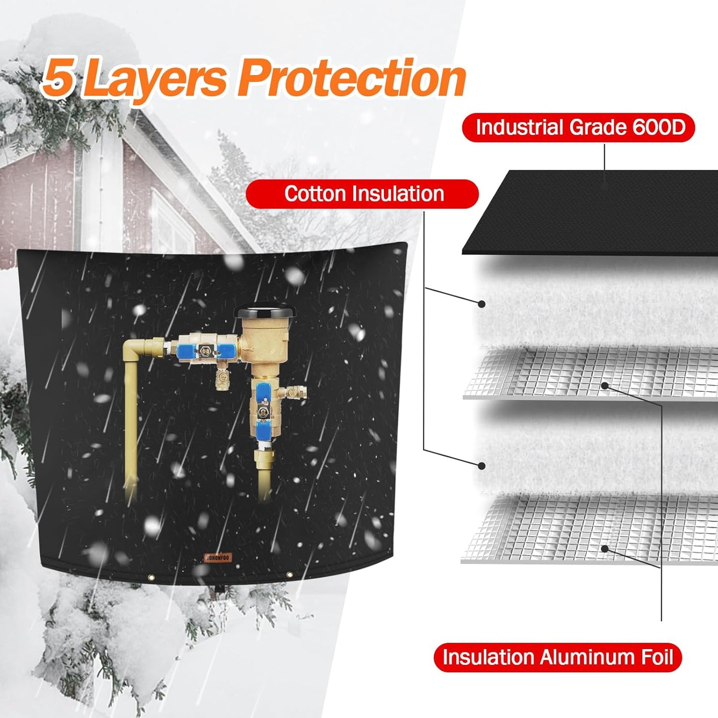 TOHONFOO Backflow Preventer Pipe Insulation Cover (5°F) - Irrigation Sprinkler Valve Insulated Pouch - Water Well Pump Cover - Sturdy 5 Layers for Winter Freeze Protection, 40" W x 36" H, Black