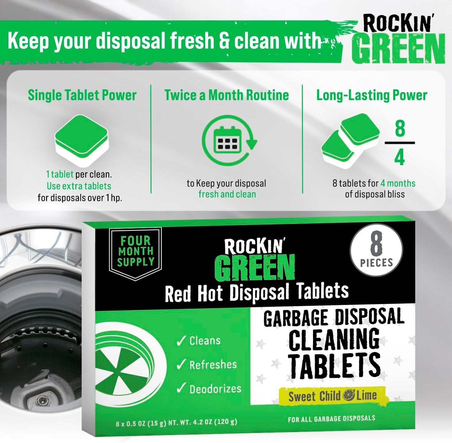 Rockin' Green Deep Cleaning and Deodorizing Tablets for Dishwashers, Washing Machines, and Garbage Disposals, Removes Odor and Residue (Garbage Disposal Cleaning Tablets, 8 Pack)