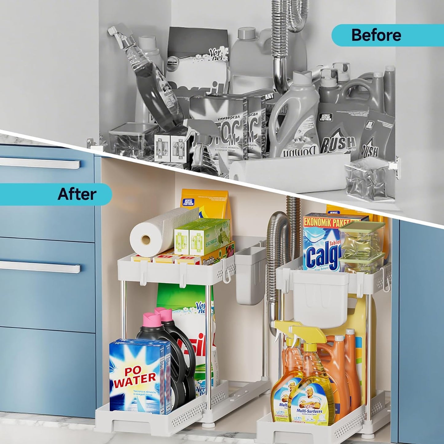 Under Sink Organizer, 2 Tier Pull Out Cabinet Organizer with Hooks Hanging Cup, Easy Installation & Rust-resistant, Multi-Purpose Storage Shelf for Kitchen Bathroom Pantry (White, 2 Pack)