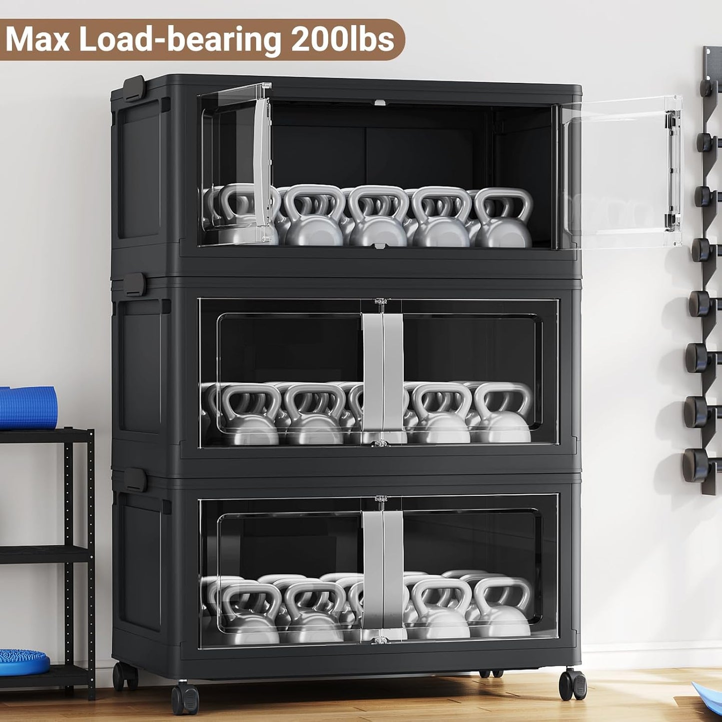 BROVIEW 640QT Stackable Storage Bins with Lids, 160Gal Extra Large Collapsible Storage Box with Wheel, Plastic Storages with Clear Door Open Front for Home Kitchen Garage, Black-4pack