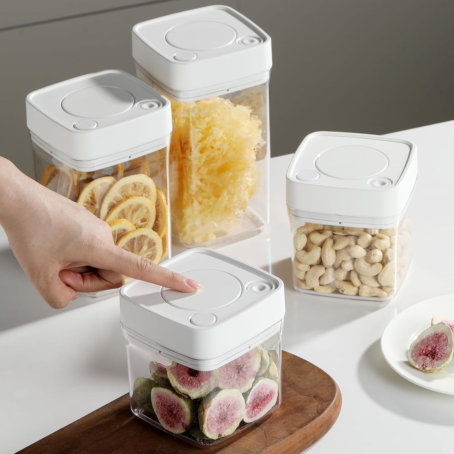 Manual Vacuum Jar With One-Button Vacuum Pump, Airtight Food Cereal Containers Storage With Lids (white-4pc)