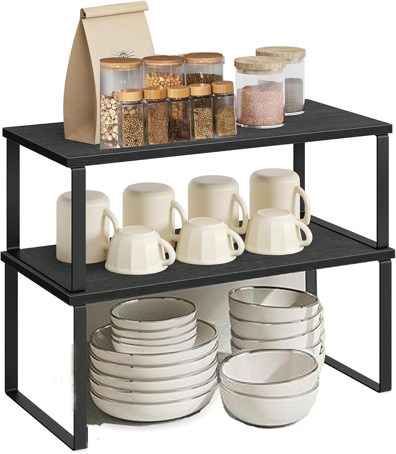 Cabinet Organizer Shelf, Kitchen Counter Storage, 2-Piece Set, Stackable Spice Rack, Metal and Wood (Black and Charcoal Black)