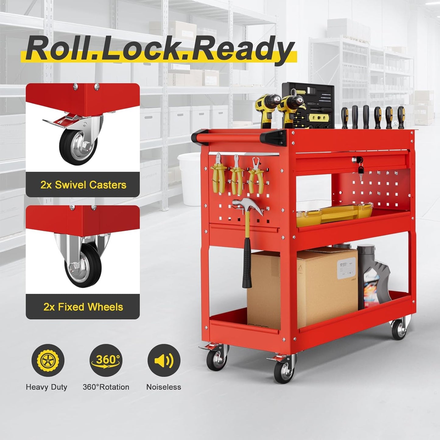 3-Tier Rolling Tool Cart with Drawers, Heavy Duty Utility Storage Cart with pegboard, Lockable Metal Tool Chest on Wheels for Garage, Warehouse & Repair Shop