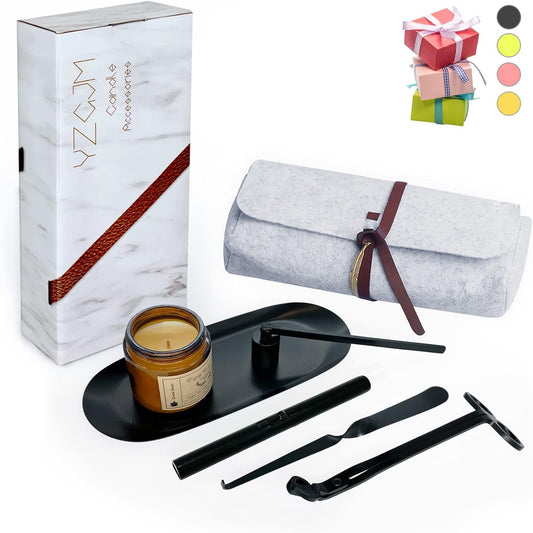 Exquisite Candle Accessories Tool Pack Bag, Rechargeable Electric Lighter， Wick Trimmer, Dipper, Snuffer and Tray Holder Elegant Kit Gift for Candle Lovers in Dating, Valentines Decor. ( Matte Black )