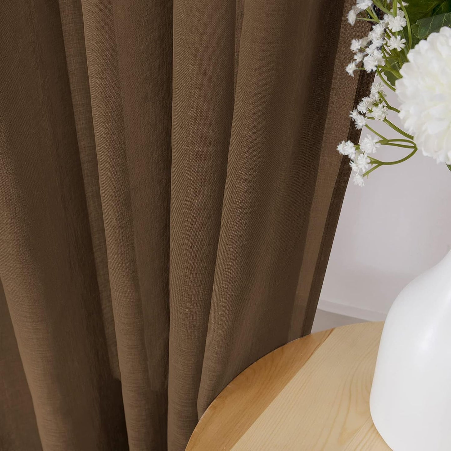 Tollpiz Sheer Curtains Linen Textured Living Room Curtain Sheers Light Filtering Rod Pocket Voile Curtains for Bedroom, 42 x 63 inches Long, Brown, Set of 2 Panels