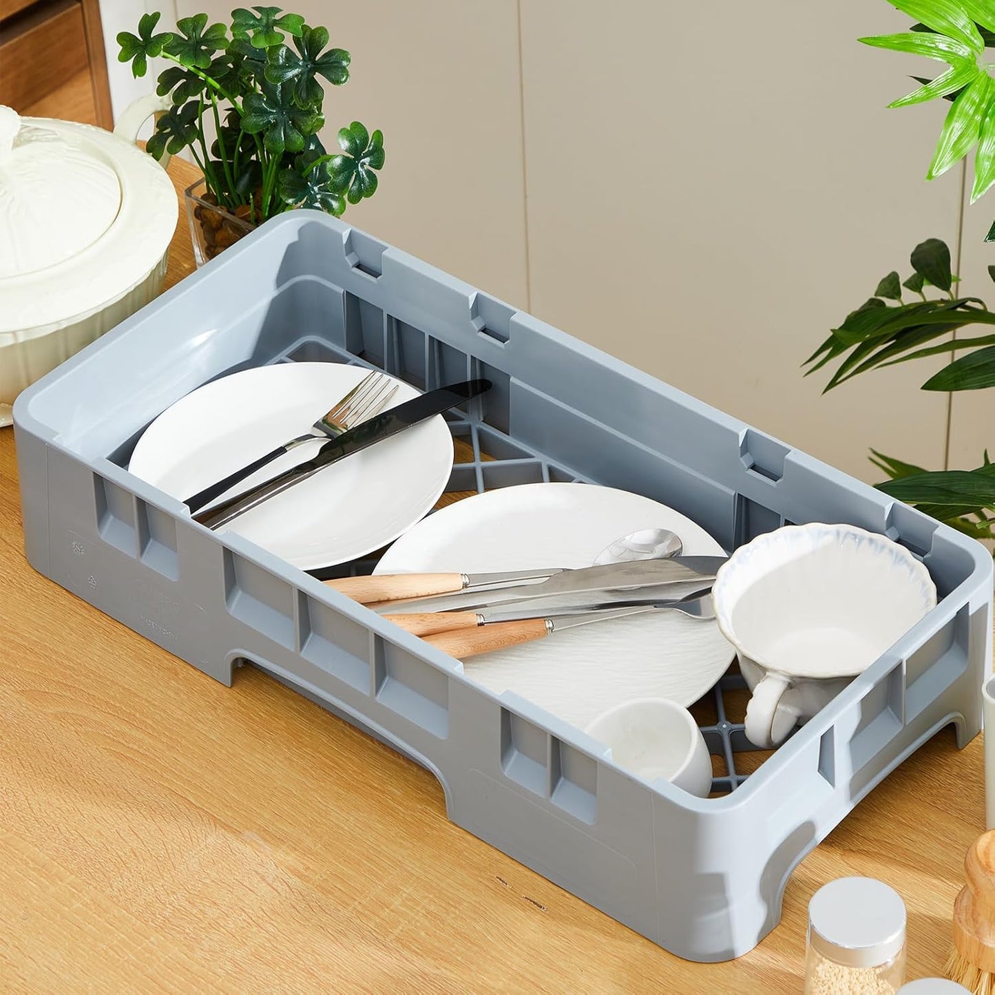 Commercial Dishwasher Tray Rack Polypropylene Full Size Flatware Rack for Bowls Plates Knives Forks Cups (19.7 x 9.84 x 1.97 Inch,Gray)