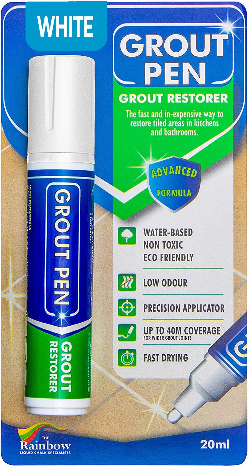 Grout Pen White Tile Paint Marker: Waterproof Grout Paint, Tile Grout Colorant and Sealer Pen - White, Wide 15mm Tip (20mL)