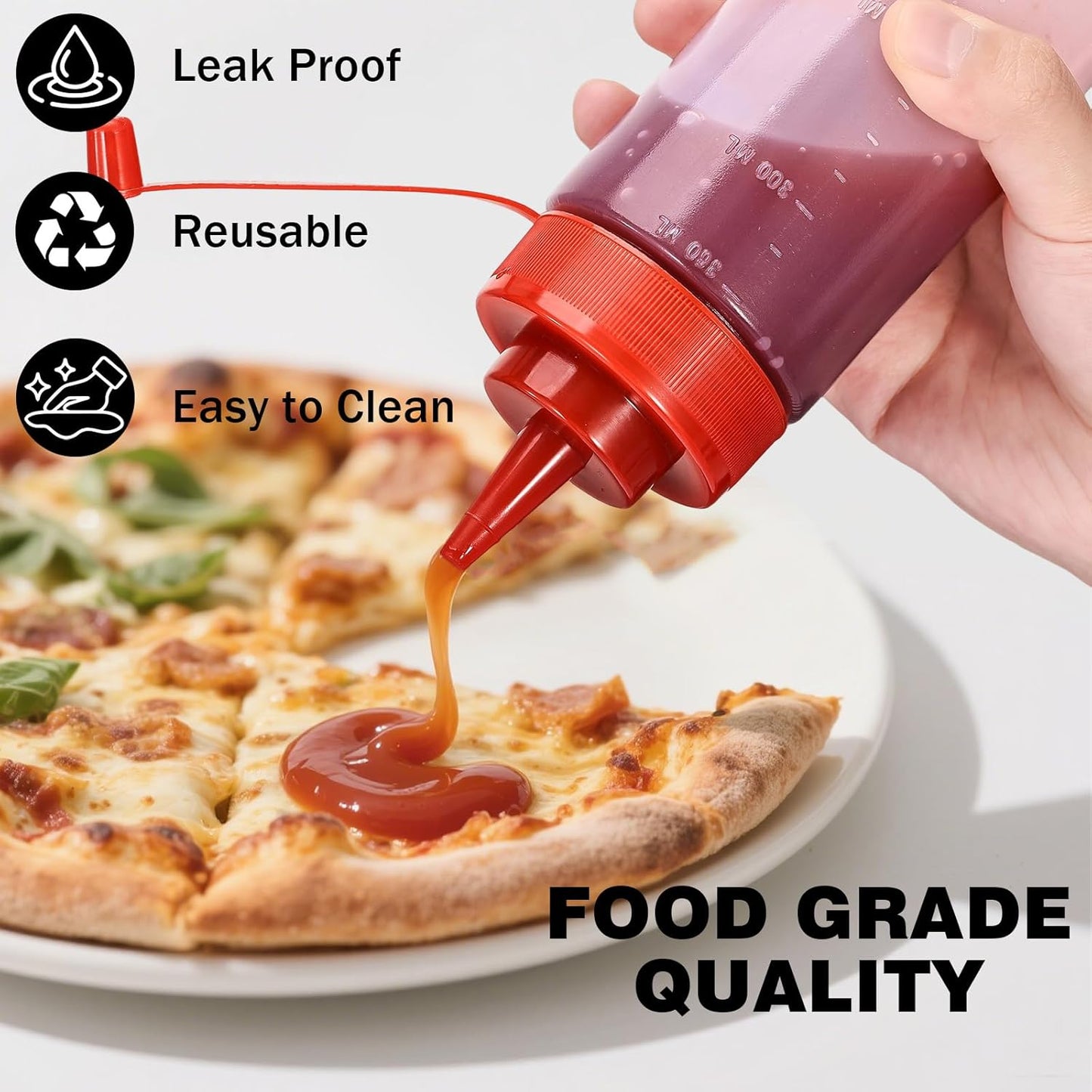 Squirt Bottles for Sauces Ketchup Bottles Squeeze, 2 Pack 12oz Condiment Squeeze Bottles for Liquids BBQ Dressing Pancake Art, Plastic Sauce Bottle with Cap Lid