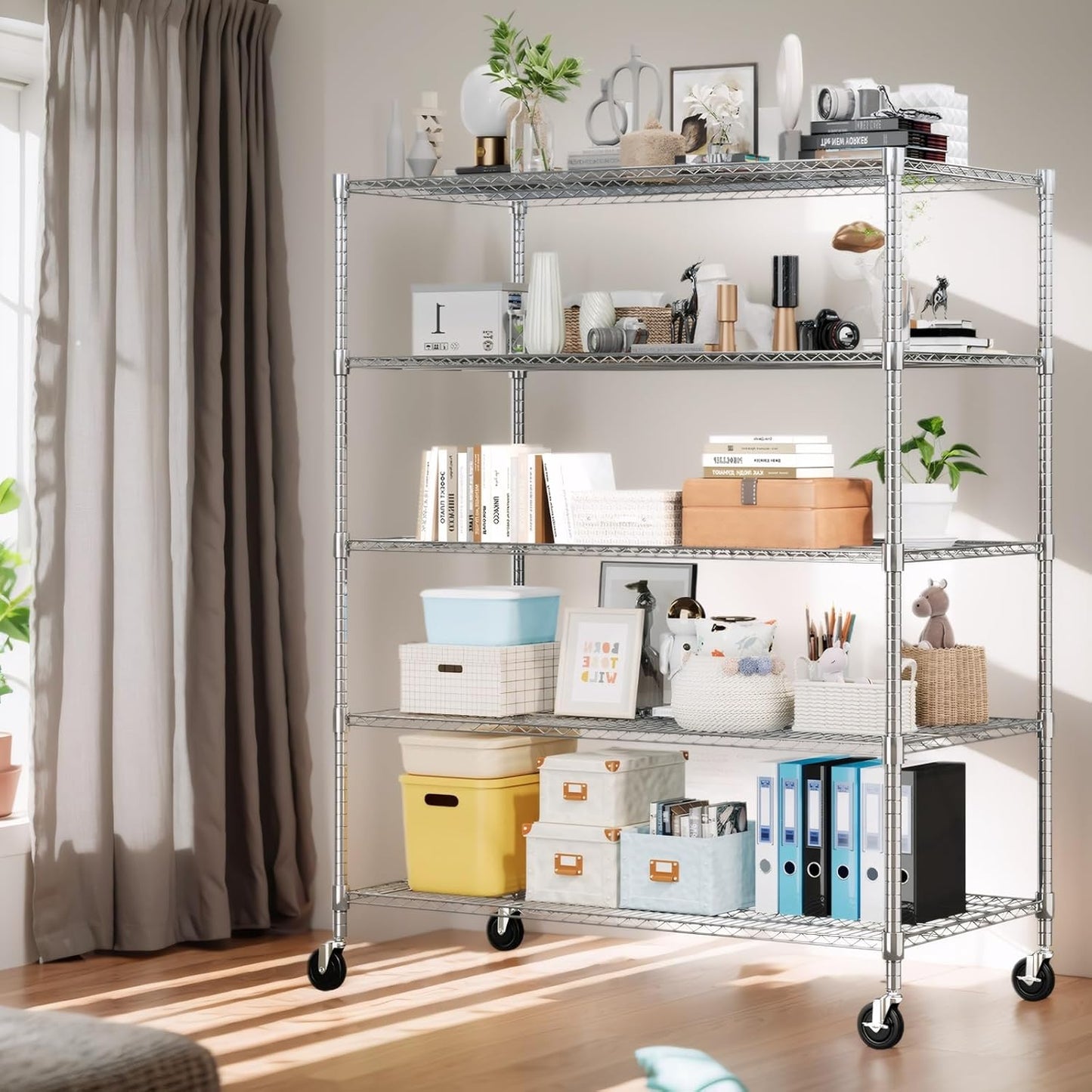 Himimi 5 Tier Wire Shelving with Wheels Heavy Duty Height Adjustable Metal Shelves for Storage, Commercial Grade Steel Utility Wire Rack for Kitchen Garage Pantry Organization-24×48×82, Silver