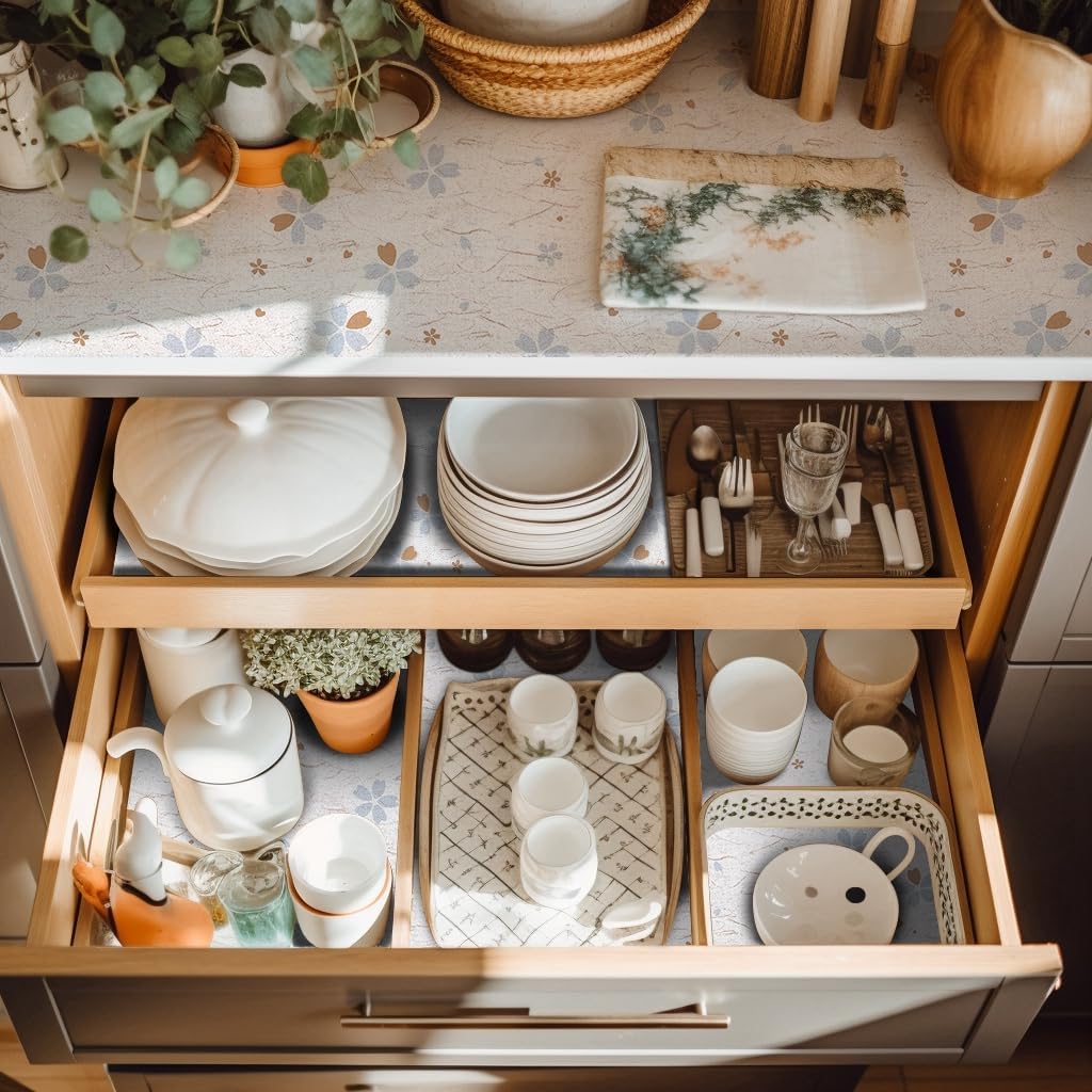 Cabinet Liners 5Rolls 18 x 96 Inch Wide Non Adhesive Kitchen Drawer Liner, Waterproof Shelf Liner Durable Anti-Slip for Kitchen Cabinets Shelf Liner Oil-Proof