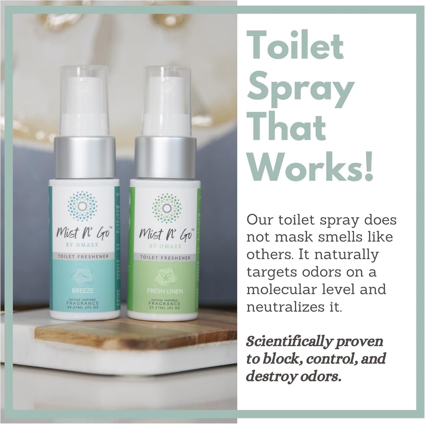 Mist N’ Go by Omaze Travel Bathroom Spray for Toilet Spray Odor Eliminator - Travel Toilet Spray for Bathroom Air Freshener Spray for Bathroom Deodorizer - Clean Mix, Travel Size (1oz x2)