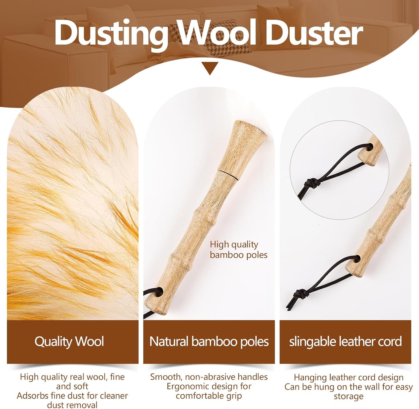 Lambswool Duster for Cleaning with Solid Wooden Handle Leather Hang Strap 14.9 inch Natural Feather Duster for Cleaning Ceiling Fans Window Blinds Computer Furniture(2 Pack)