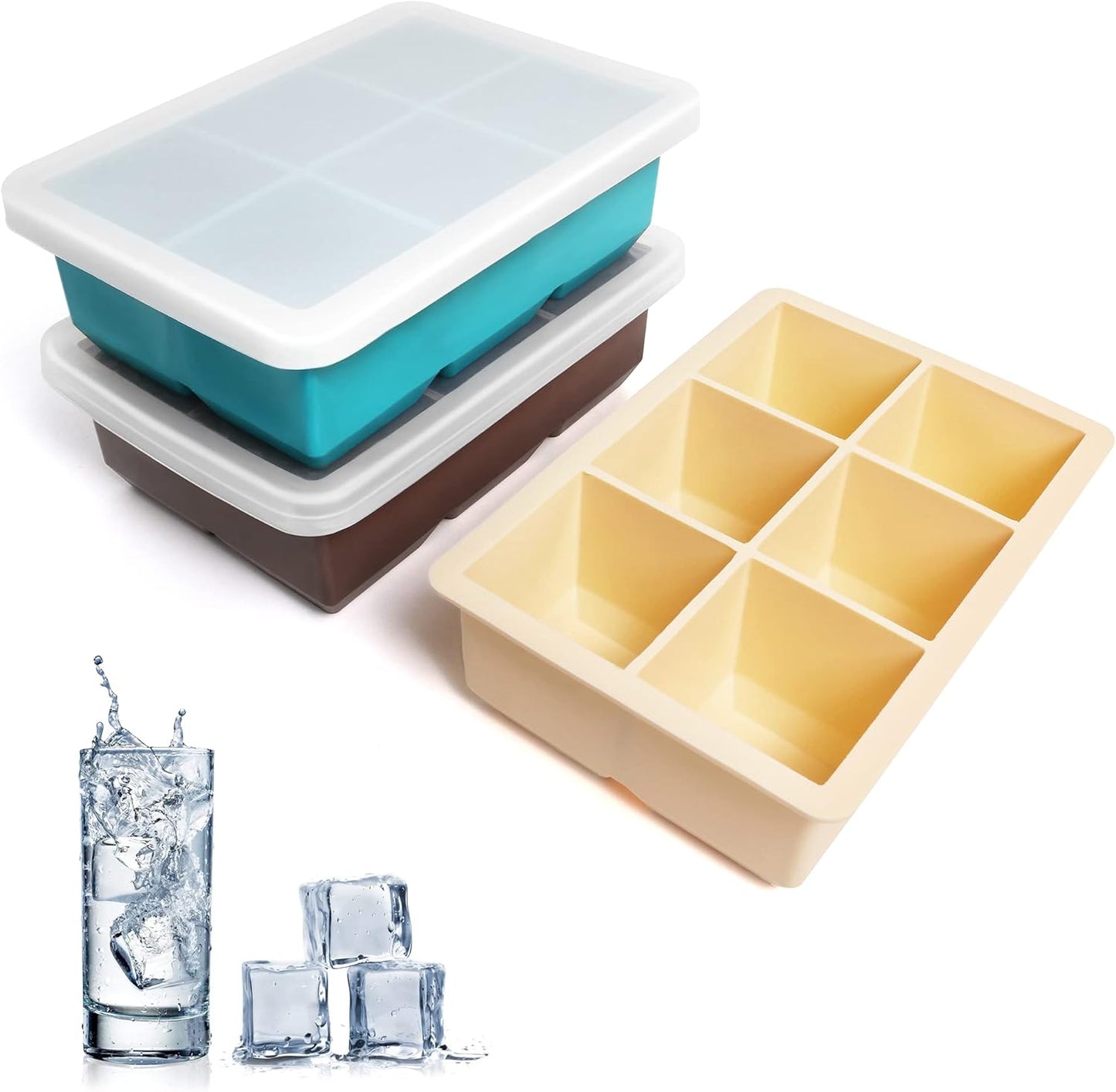 Silicone Ice Cube Trays 3 Pack - Large Size Silicone Ice Cube Molds with Leak Proof Removable Lid Square Ice Cube Tray And BPA Free for Cocktail,Whiskey, Stackable Flexible Ice
