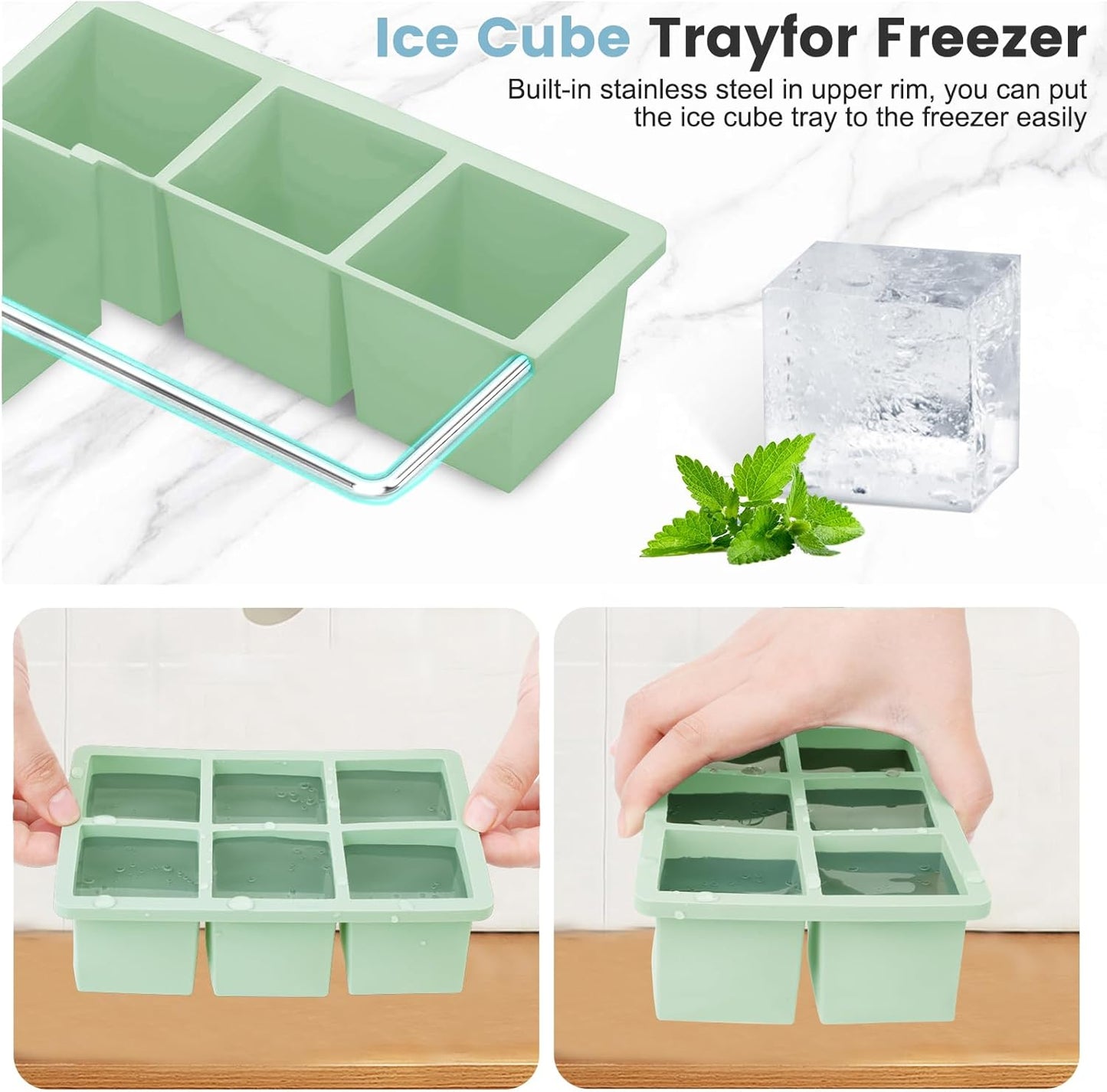 Large Silicone Ice Cube Tray 3Pack, SAWNZC Big Square Ice Cube Molds for Whisky Cocktail, Ice Maker Tray with Lid for Freezer, Easy Release (3, Mint Green)