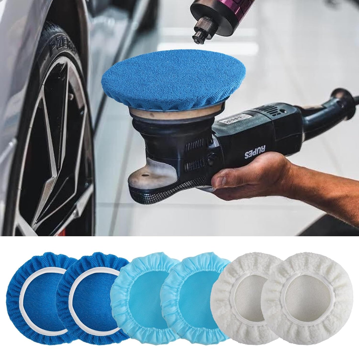 40 Piece Car Polisher Pad Set, Mix Pack of 24 Microfiber, 8 Non Woven, 8 Woolen Bonnets, 8-9 Inch, Dark Blue, Light Blue, White, Suitable for Metals, Woods, Other Hard Surfaces