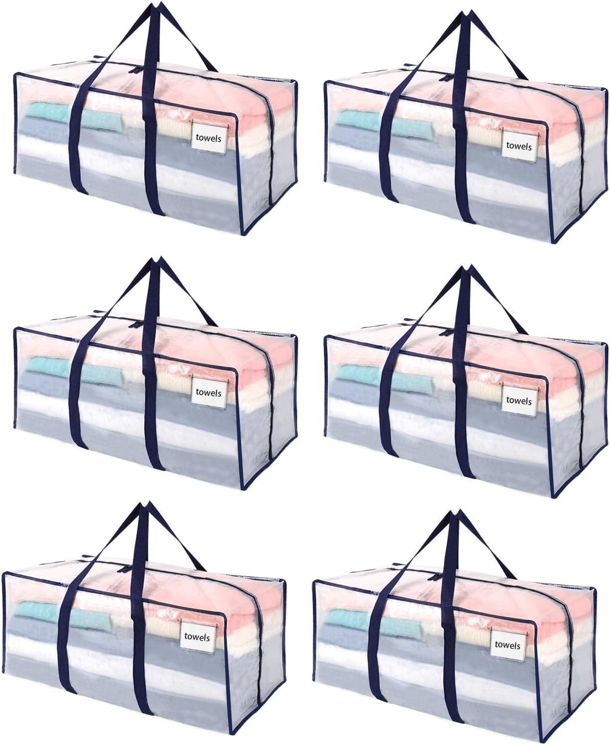 VENO 6 Pack Moving Bags Plastic Storage Totes Clothes Organization Large W Lid/Zipper. Packing Boxes/Bins Alternative. Space Saving Foldable College Supplies Essentials (Clear, 6 Pack)