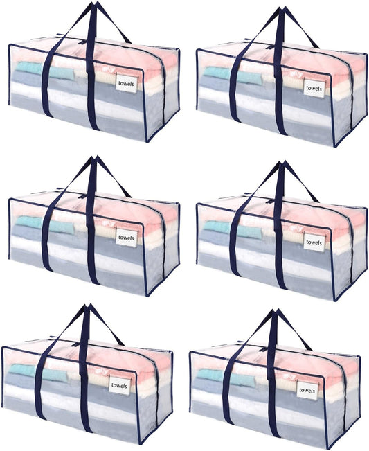 VENO 6 Pack Moving Bags Plastic Storage Totes Clothes Organization Large W Lid/Zipper. Packing Boxes/Bins Alternative. Space Saving Foldable College Supplies Essentials (Clear, 6 Pack)