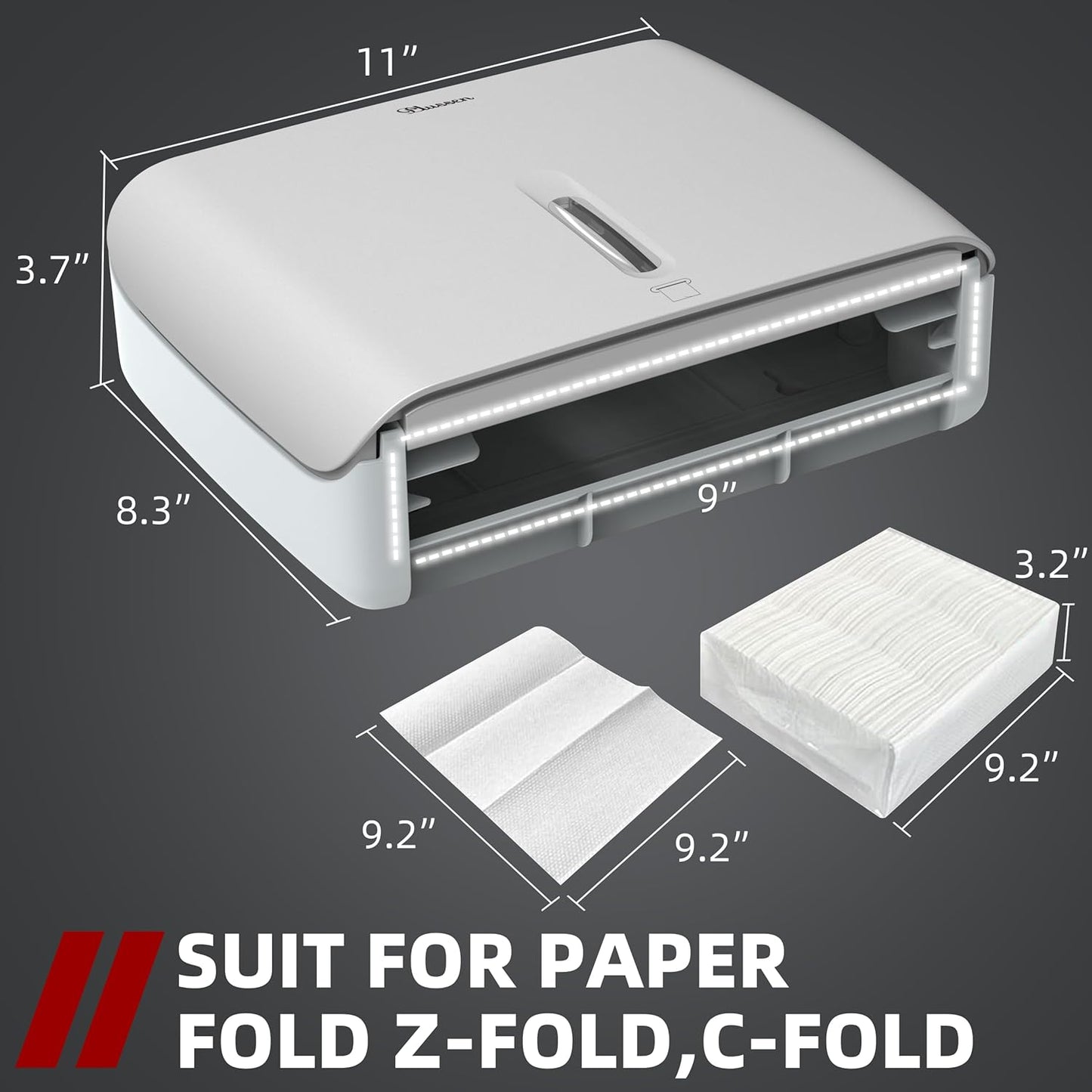 Paper Towel Dispenser Wall Mount Commercial & Home Use ABS Matte Silver Gray with Window Holds 200 C/Z/Multi-Fold Towels Includes Hardware & Key Bathroom Paper Towel Holder