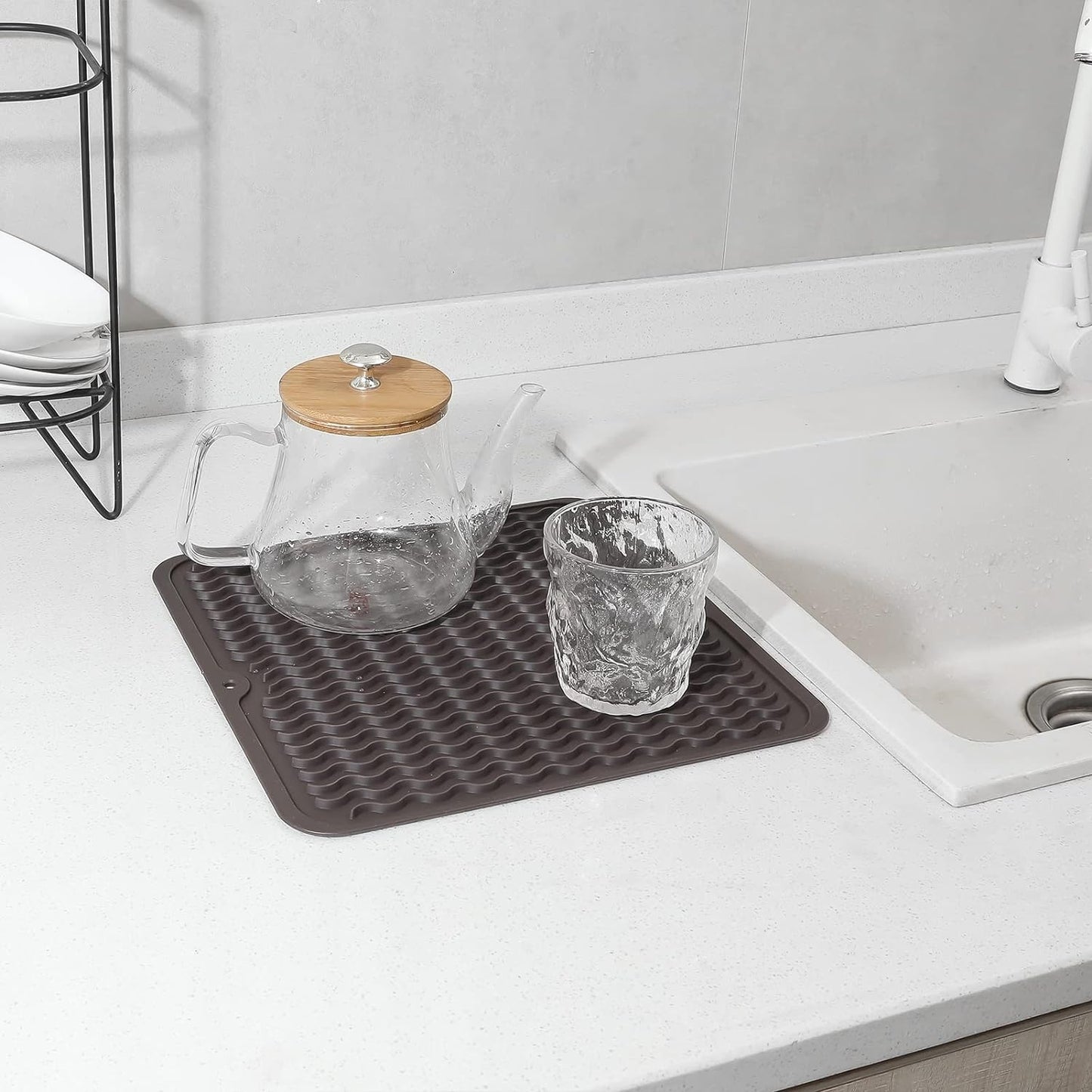 Silicone Dish Drying Mat for Multiple Usage,Easy clean,Eco-friendly,Heat-resistant Silicone Mat for Kitchen Counter or Sink,Refrigerator or Drawer liner Coffee M 12 inches x 12 inches