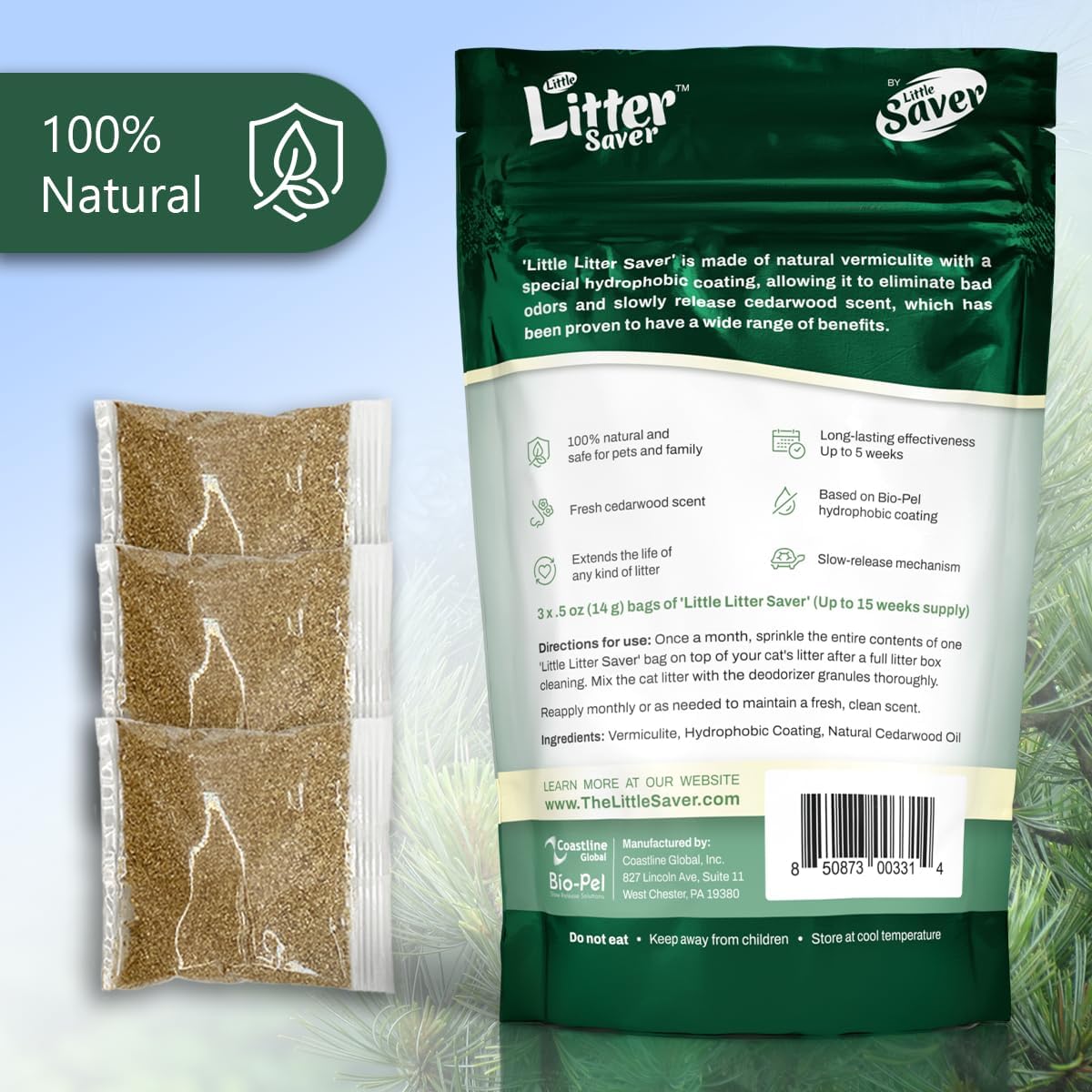 Little Litter Saver | a New Generation Of Cat Litter Box Deodorizer | Unique Formula for Slow Release | Natural Fresh Scent | Up to 15 Weeks Supply | 3 x 0.5oz bags (Cedar)