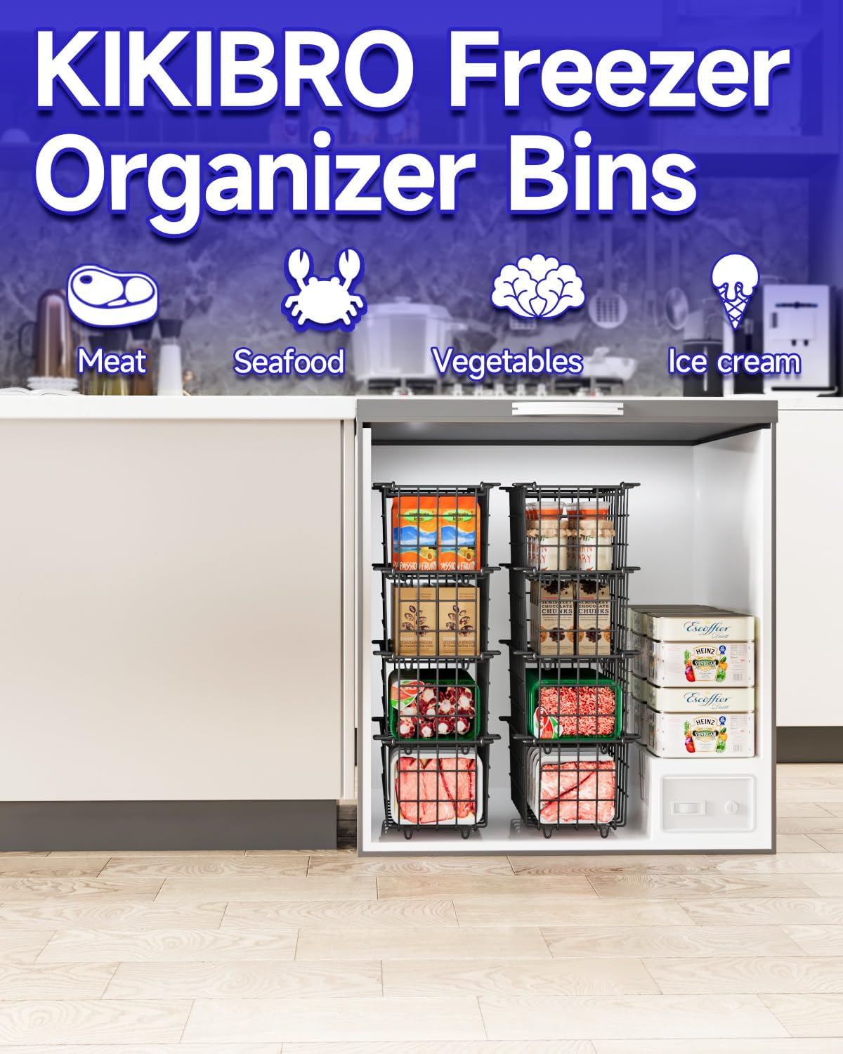 Freezer Organizer Bins - Fit 10 to 20 Cu.FT Deep Freezer, Stackable Chest Freezer Organizer Sort Frozen Food and Easily Get with Handle, 4 Pack Chest Freezer Bins, Black