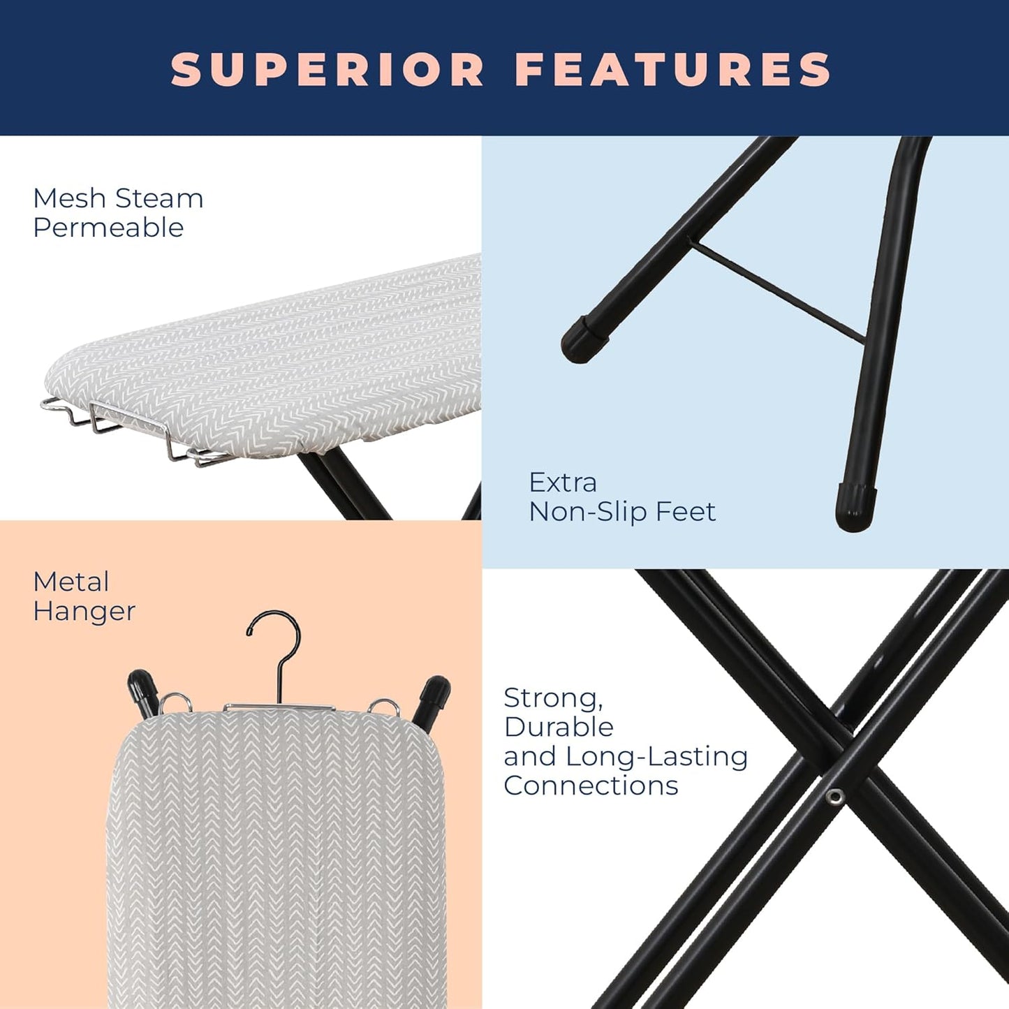 Ironing Board with Iron Rest, Iron Board with 3 Layers Extra Thick Cover, Compact and Space Saver Foldable Ironing Board, Adjustable Height, Easy Storage with Smart Hanger and Lightweight Design