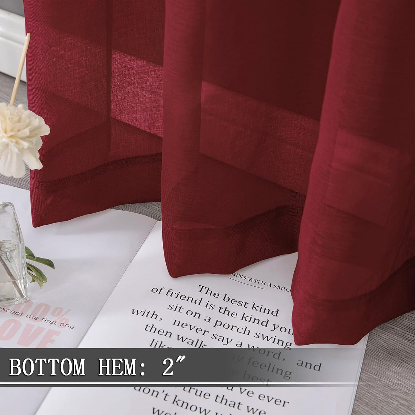 Tollpiz Short Sheer Curtains Linen Textured Bedroom Curtain Sheers Light Filtering Rod Pocket Voile Curtains for Living Room, 54 x 45 inches Long, Burgundy Red, Set of 2 Panels