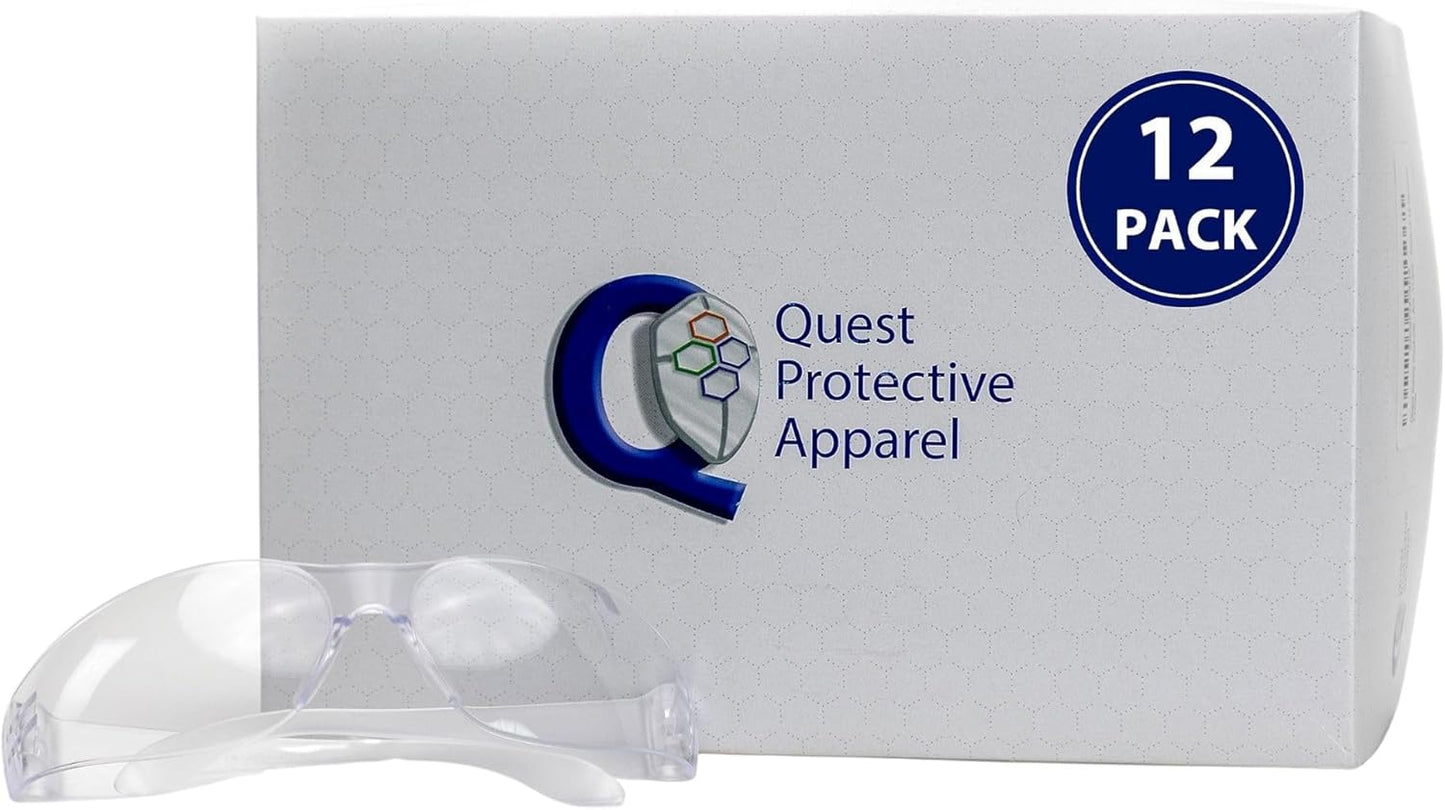 Quest Protective Apparel Safety Glasses for Men and Women - Anti Fog Safety Goggles for Shooting, Lab, or Construction – Polycarbonate Eye Protection [Clear & Pack of 12]