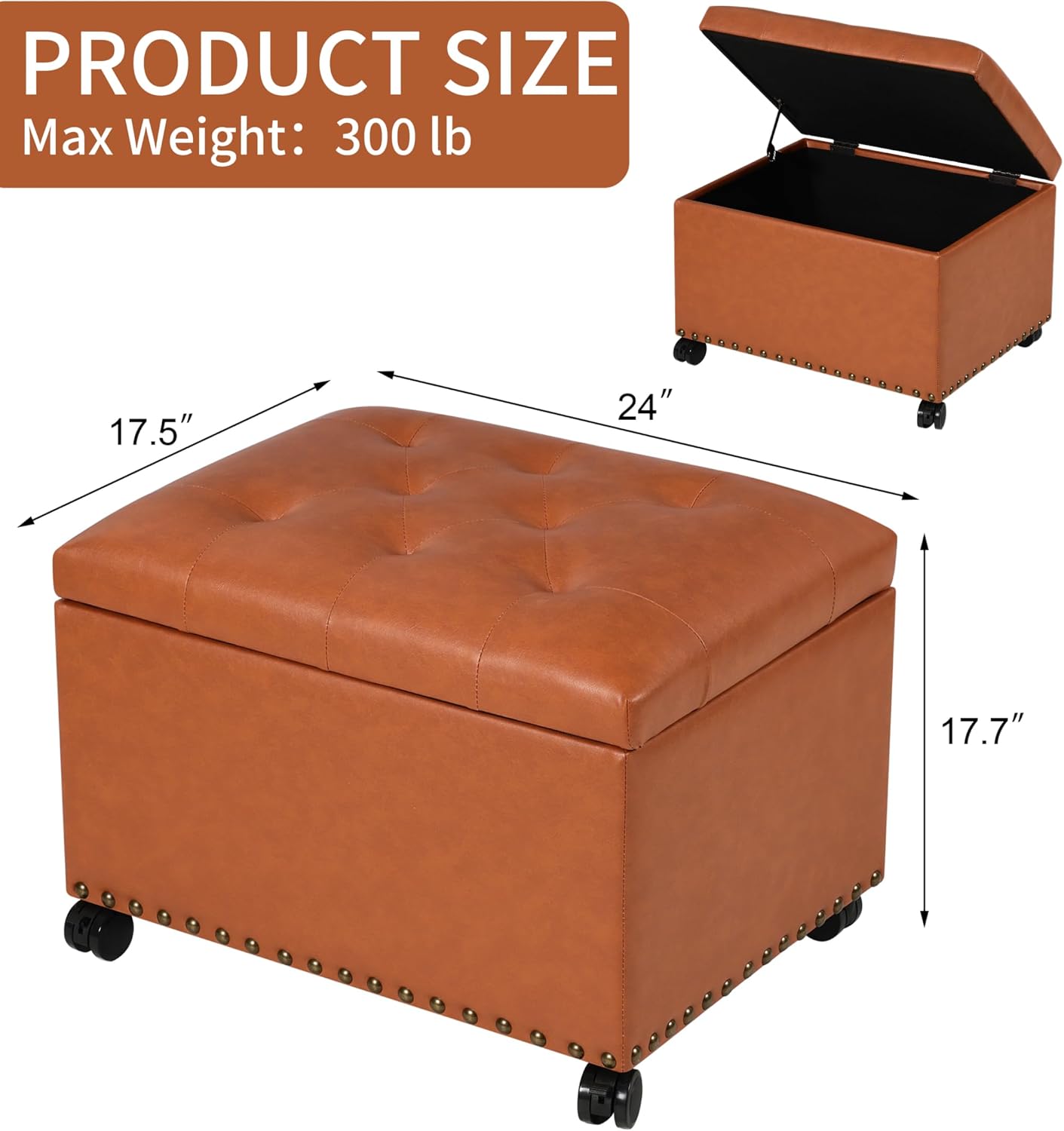 24" Square Ottomans with Storage, Leather Ottoman with Storage with Lockable Wheels and Hight Loading, Foot Stool Ottoman with Wheels for Makeup Room, Dorms and Apartments (Orange Brown)