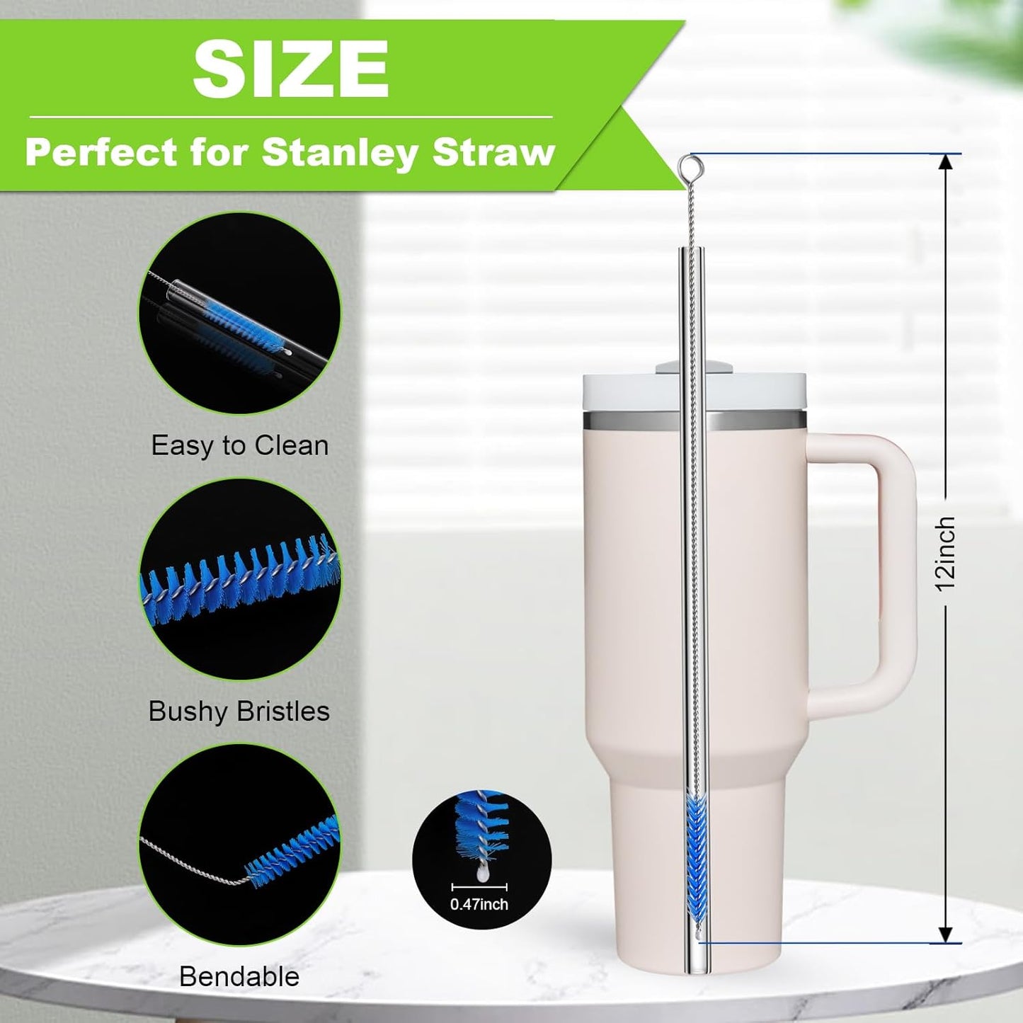 Straw Cleaner Brush for Stanley, 12 Inch Extra Long Straw Brush Cleaner (8-Pack) Includes 2 Reusable Glass Straws for 40 oz Tumbler and Water Bottle, Durable & Rust Resistant