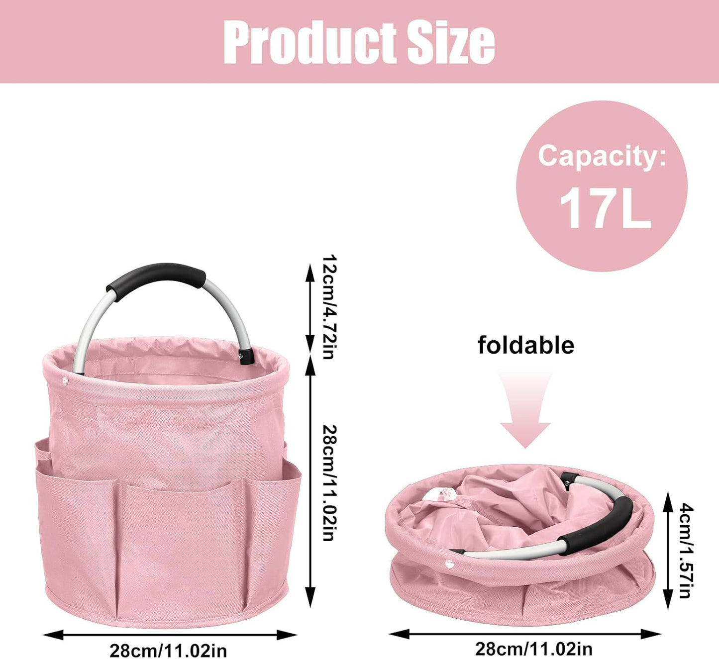 Qivine 17L Cleaning Caddy with Handle, Cleaning Supply Caddy Foldable Tool Bag Cleaning Products Organizers Portable Cleaning Bucket Organiser for Storing Towels (Pink)