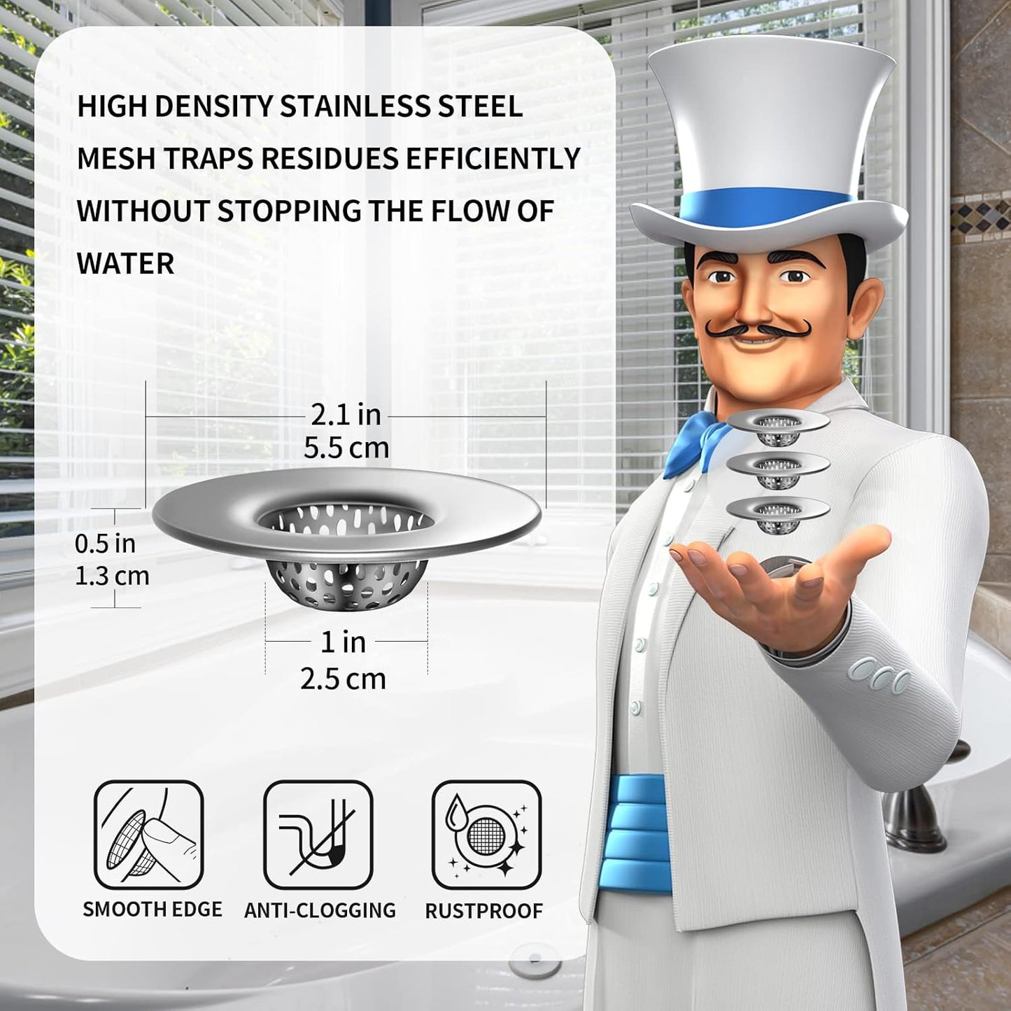 MR.SIGA Bathroom Sink Strainer, Utility, Slop, Bathtub Lavatory Sink Drain Strainer Hair Catcher, Stainless Steel Shower Drain Strainer, Outer Diameter 2.1 inch, Inner Diameter 1 inch, 3 Pack