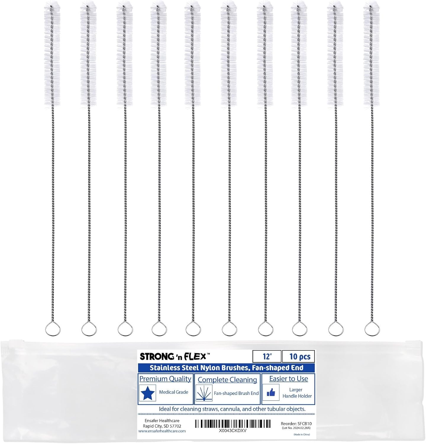 Strong 'n Flex Nylon Straw Cleaner Brushes – Fan-Shaped End for Tight Spaces, Ideal for Reusable Straws, Water Bottles, Sippy Cups & Pipes – Includes Zippered Pouch – 12" Long – Set of 10