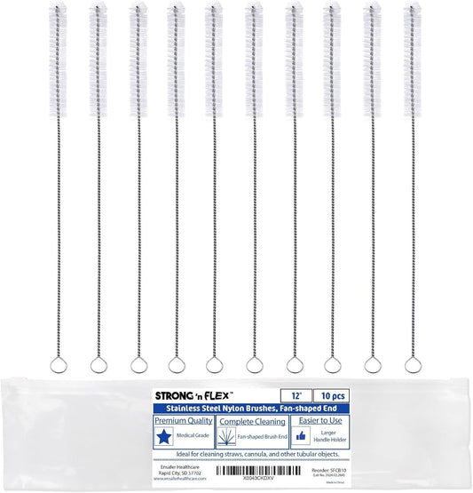 Strong 'n Flex Nylon Straw Cleaner Brushes – Fan-Shaped End for Tight Spaces, Ideal for Reusable Straws, Water Bottles, Sippy Cups & Pipes – Includes Zippered Pouch – 12" Long – Set of 10