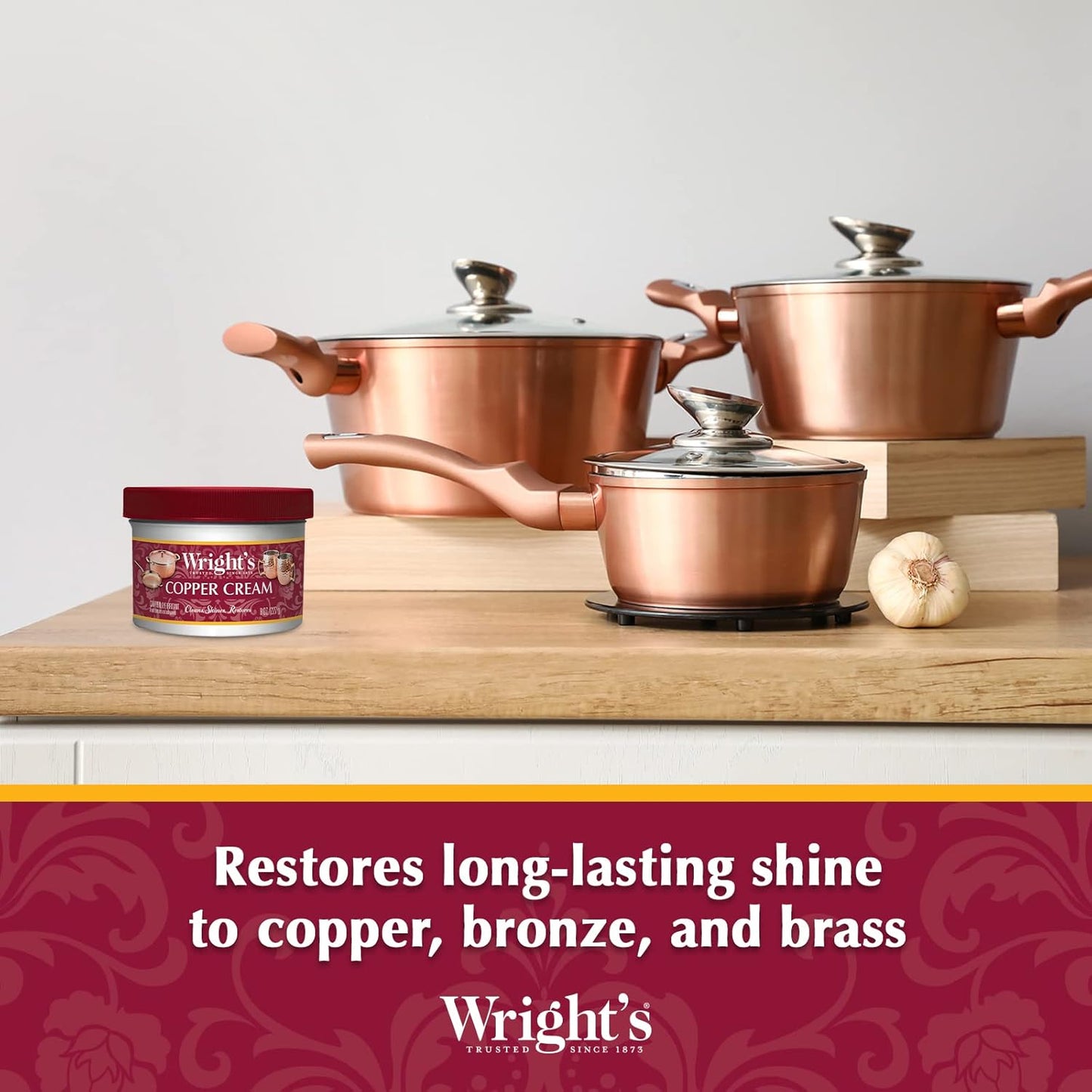 Wright's Copper Cream Cleaner - 8 Ounce 2 Pack with Polishing Cloth - Gently Cleans and Removes Tarnish without Scratching