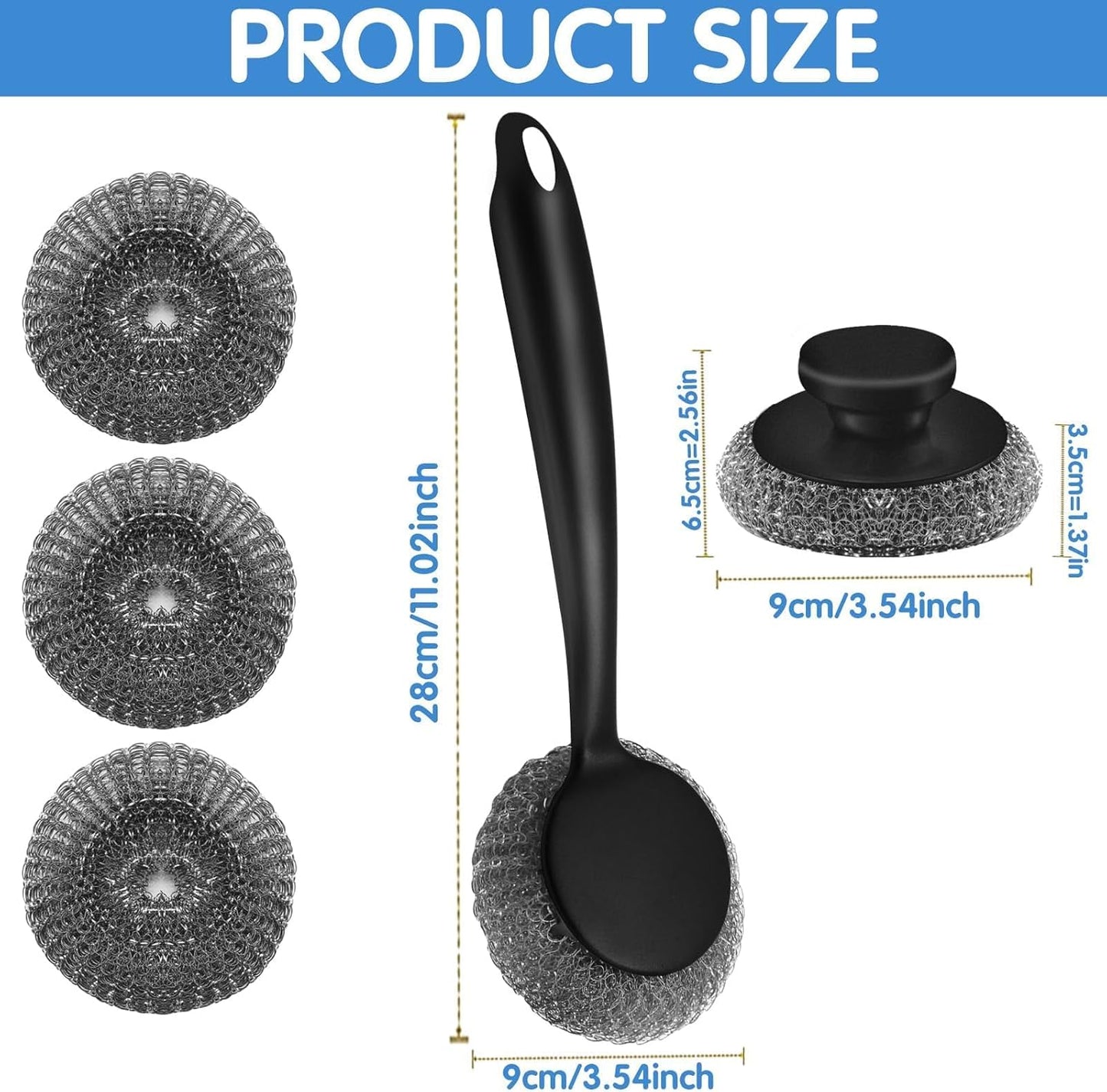 Scrubber with Handle Comes with Three Replacement Balls Steel Wool, Short Handle Scrubber, Steel Wool Scrubber Supplies Dish Scrubber, Stainless Steel Scrubber Tool Metal Scrubber for Dishes