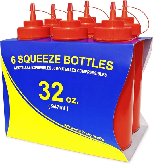 New Star Foodservice 533746 Squeeze Bottles, Plastic, Wide Mouth, 32 oz, Red, Pack of 6