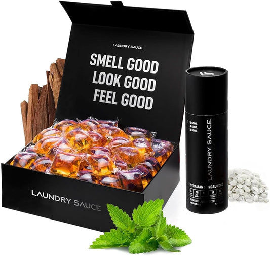 Laundry Sauce - Luxury Scented Laundry Detergent Pods & Scent Booster Bundle (Australian Sandalwood), Premium Laundry Washing Pods with High-End, Sophisticated Fragrances, Dye Free & HE Compatible