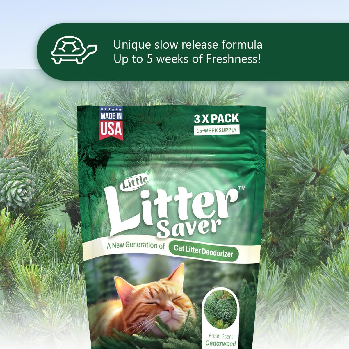 Little Litter Saver | a New Generation Of Cat Litter Box Deodorizer | Unique Formula for Slow Release | Natural Fresh Scent | Up to 15 Weeks Supply | 3 x 0.5oz bags (Cedar)