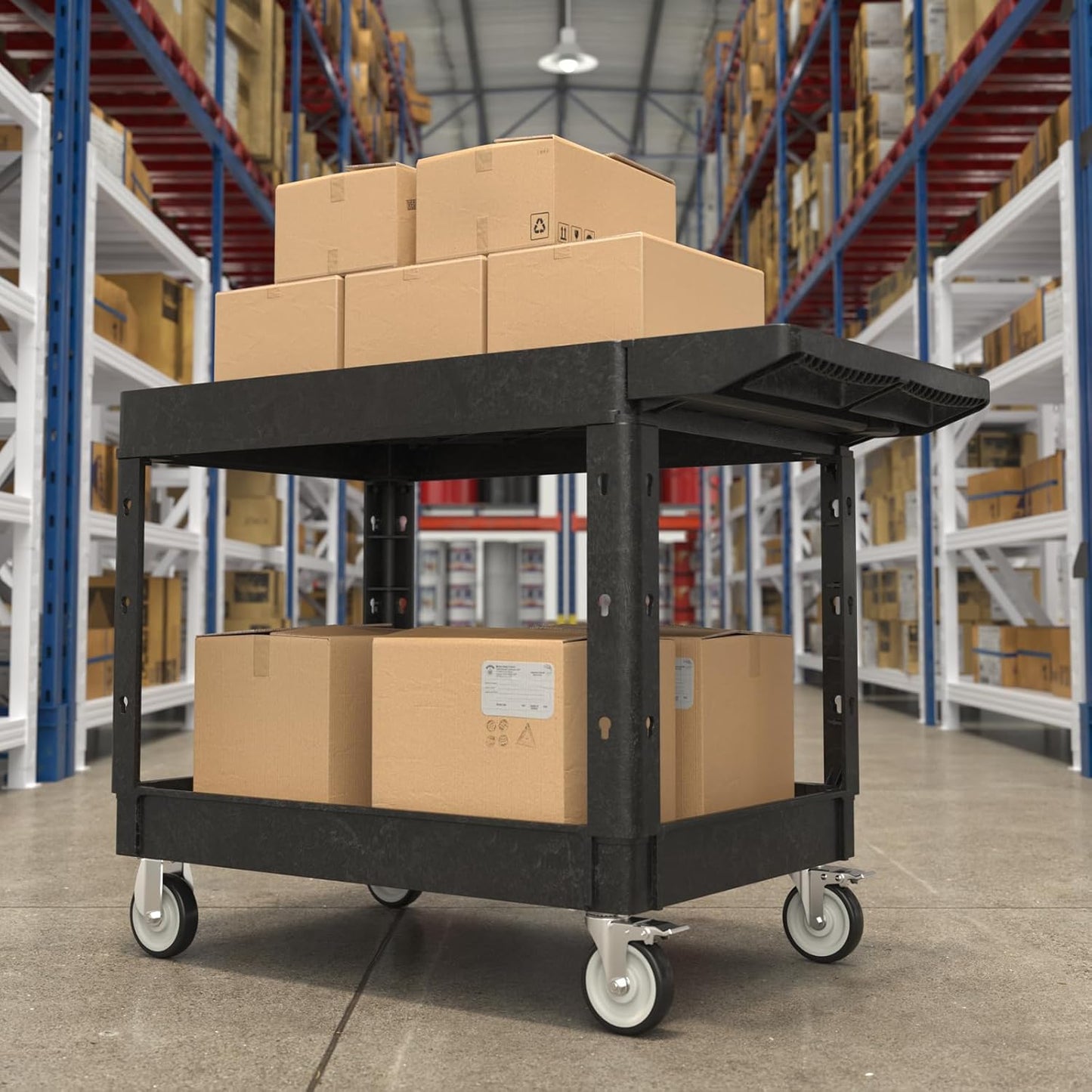 Heavy Duty Flat Top Utility Cart with Wheels 2-Tier Utility Plastic Service Work Cart for Shop, Garage, Warehouse, Maintenance 550 lbs