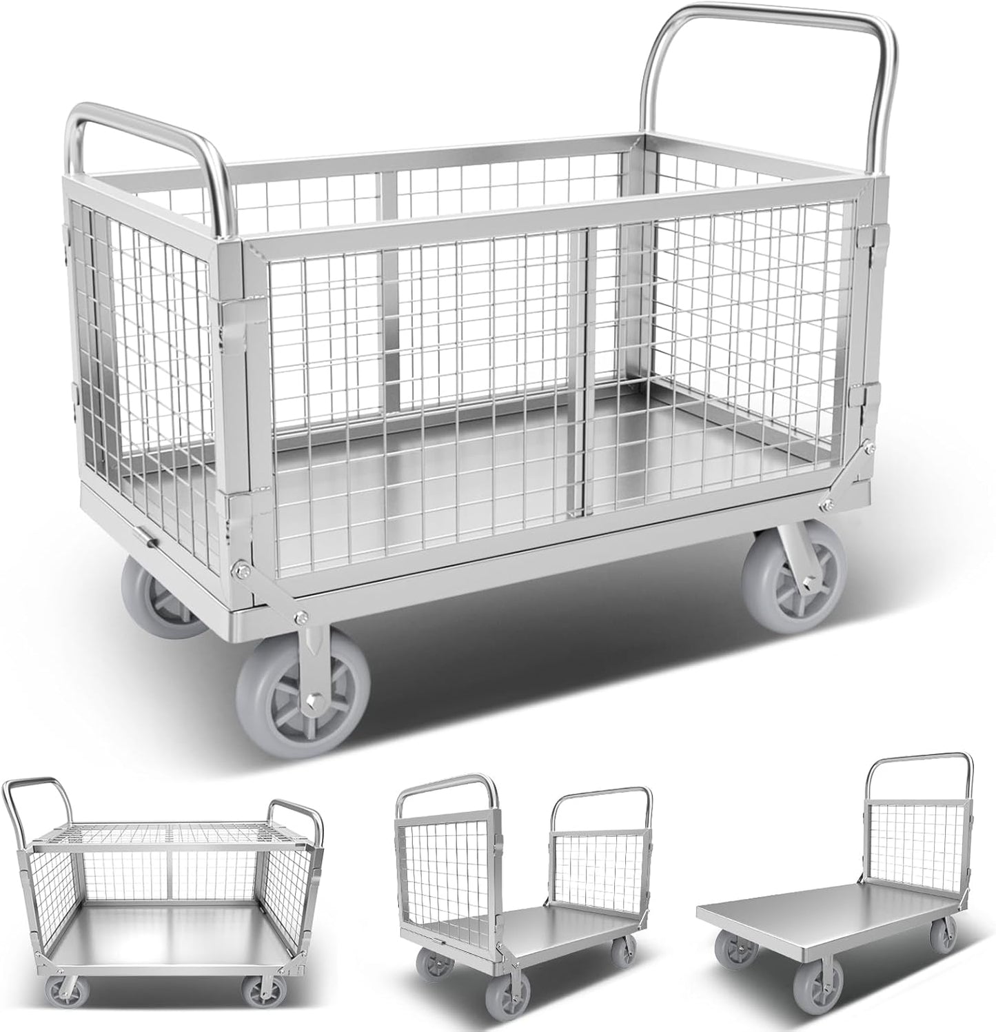 Platform Truck Cart with Cage, 6 in1 Foldable Flatbed Cart Heavy Duty Push Cart Dolly W/Swivel Wheels 1800lbs Capacity Multipurpose Hand Cart for Grocery/Laundry/Stall/Storage