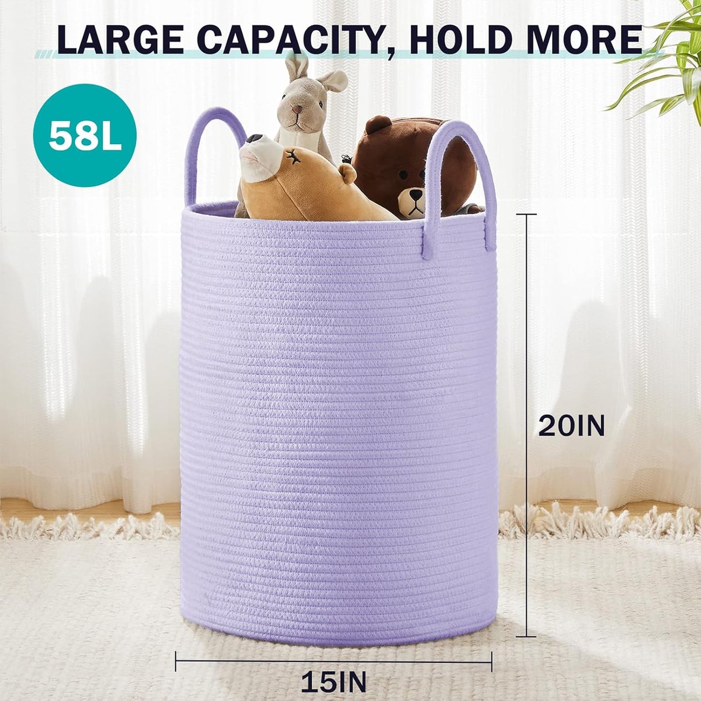 YOUDENOVA Laundry Hamper Basket, Woven 58L Tall Laundry Basket for Blanket Organizer- Clothes Hamper Baby Nursery Hamper for Blanket Storage in Bedroom