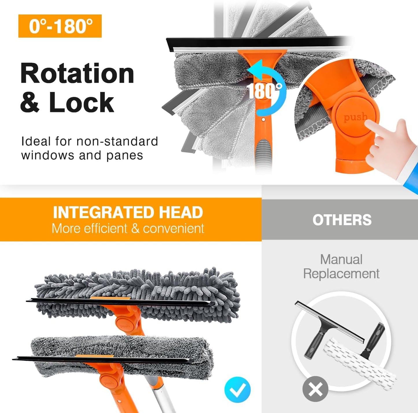 Professional Window Squeegee Cleaner, 2 in 1 Shower Squeegee with Extension Pole, 65”Telescopic Window Washing Equipment with 180°Adjustable Head, Glass Cleaning Tools for Outdoor High Window